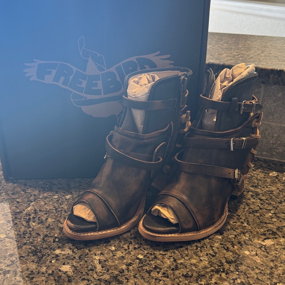 Freebird Dark Brown Leather Open Toe Boots